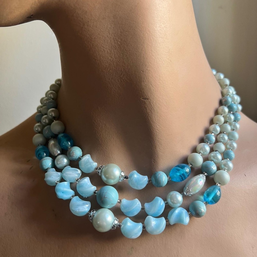 Vintage Japan 3 Strand Blue Bead Necklace 18" Faux Pearl Mid Century Moonglow